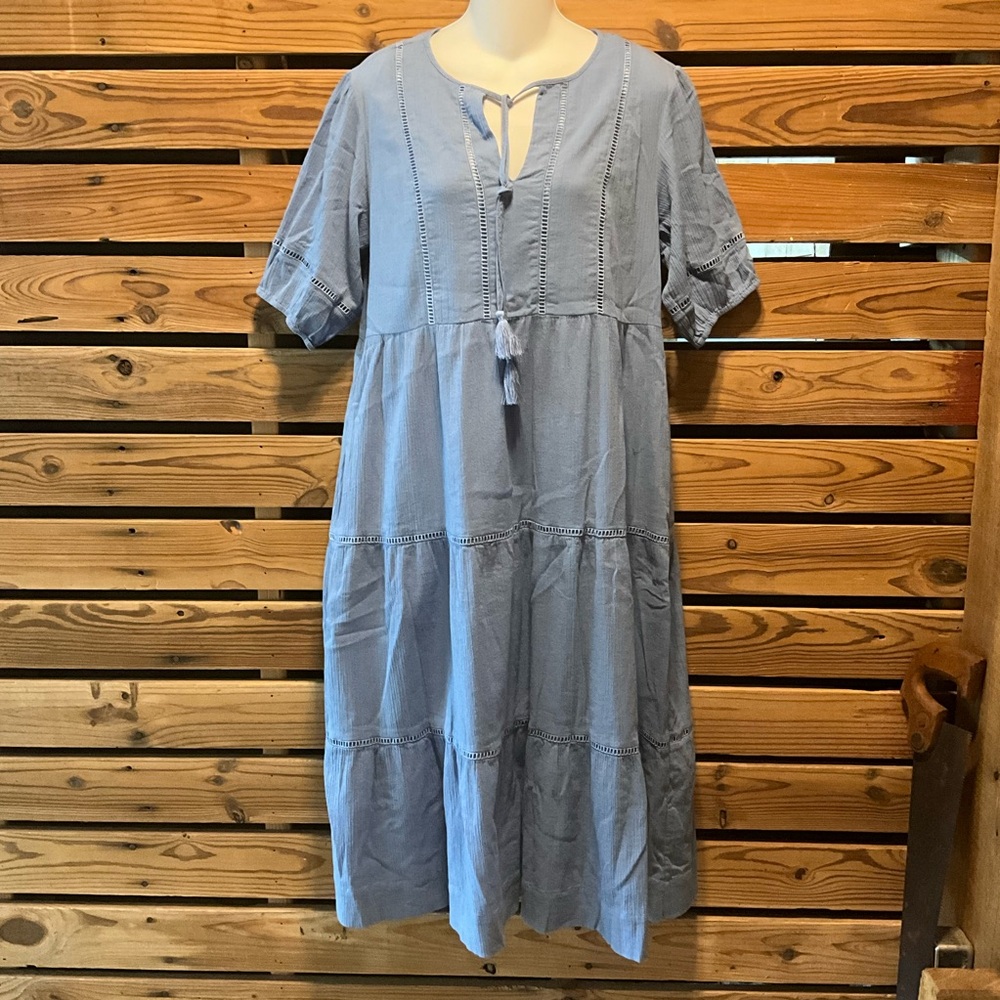 NWT Johnny Was Calme Puff Sleeve Tie Neck Midi Dress